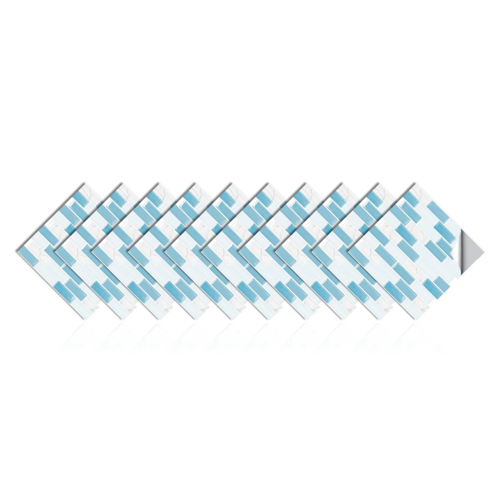 Self-adhesive 3D mosaic tile sticker sheets with light blue brick tile pattern.