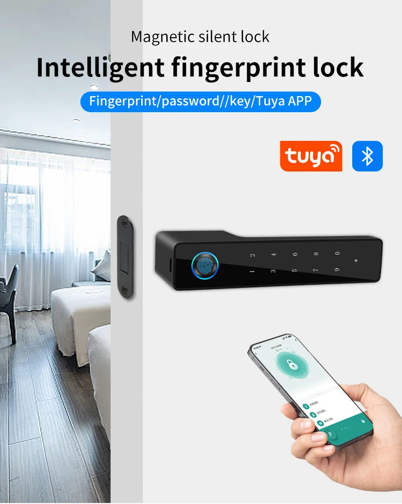 European Handle Door Fingerprint Lock Hidden Keyhole Tuya for Bedroom Study Magnetic One-word Minimalist Ecological Silent Lock