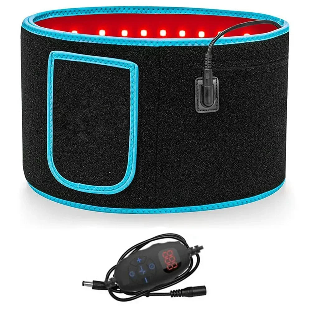 Red and infrared LED light therapy waist belt with digital controller for pain relief and slimming.