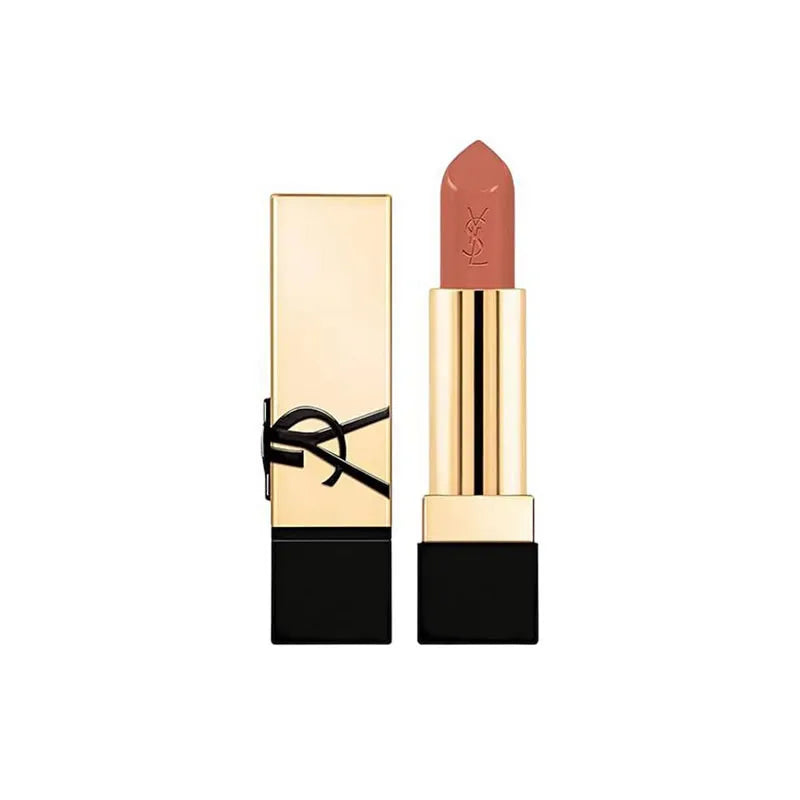 YSL Rouge Pur Couture mini lipstick in Nu Muse: a moisturizing, satin-finish nude shade in signature gold packaging.