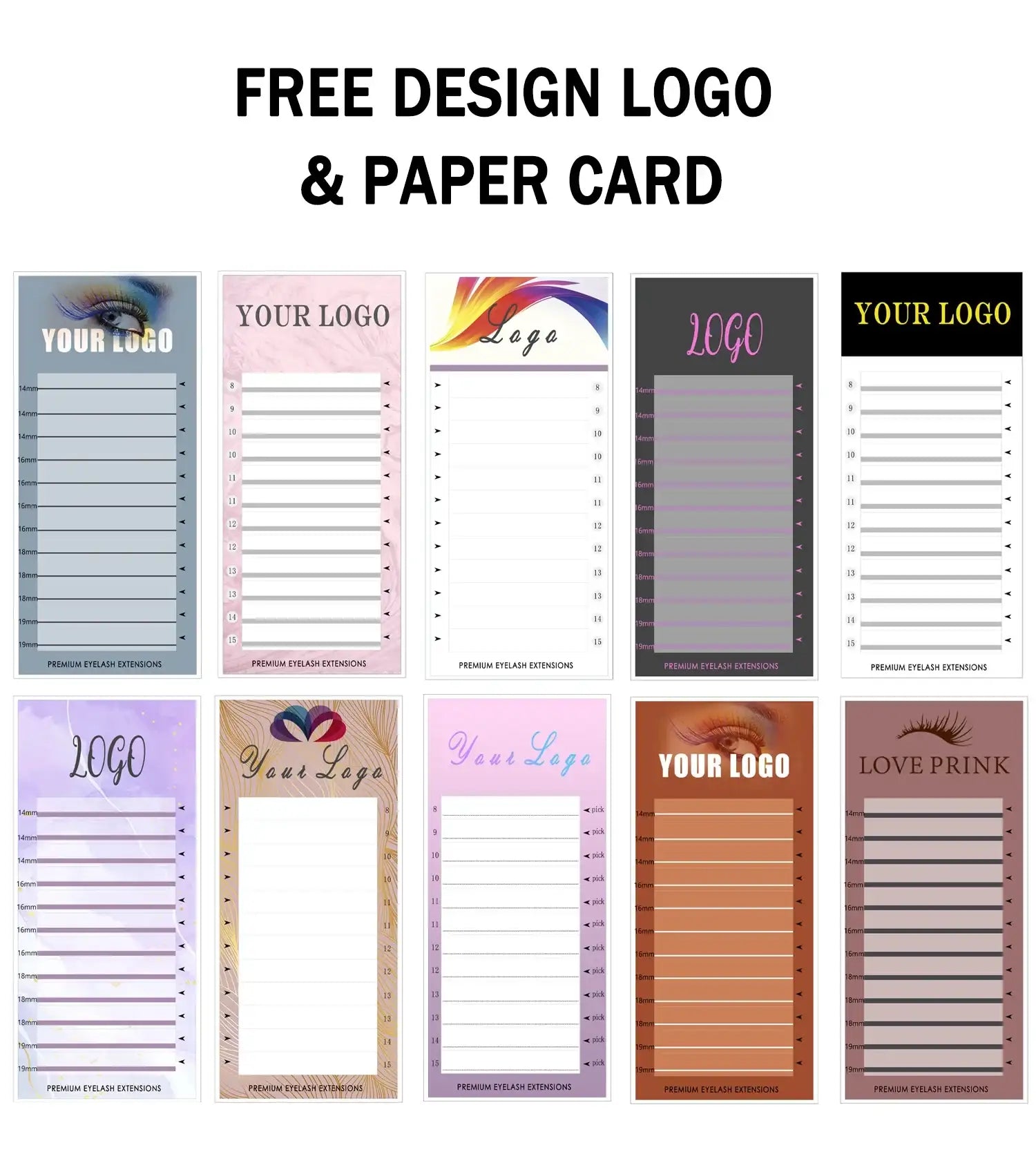 Ten rectangular custom eyelash extension paper display cards with various designs, measurement markings, and logo space.