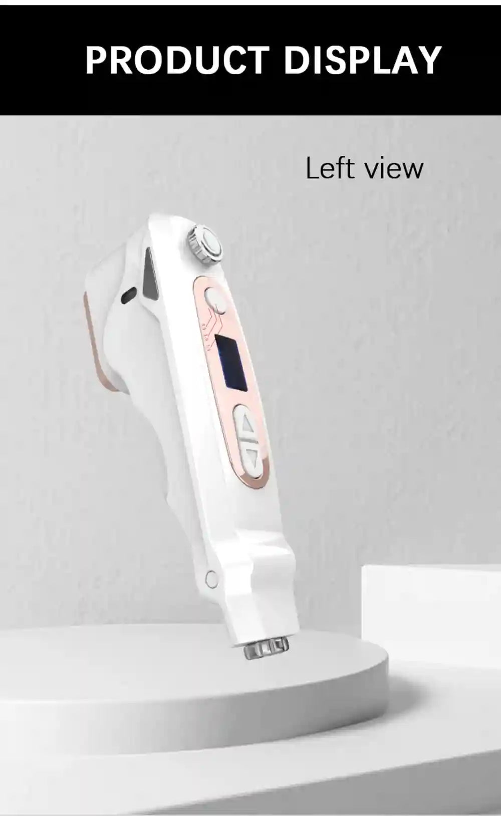 Left view of white and rose gold portable mini HIFU face lifting device for professional home anti-aging skincare.