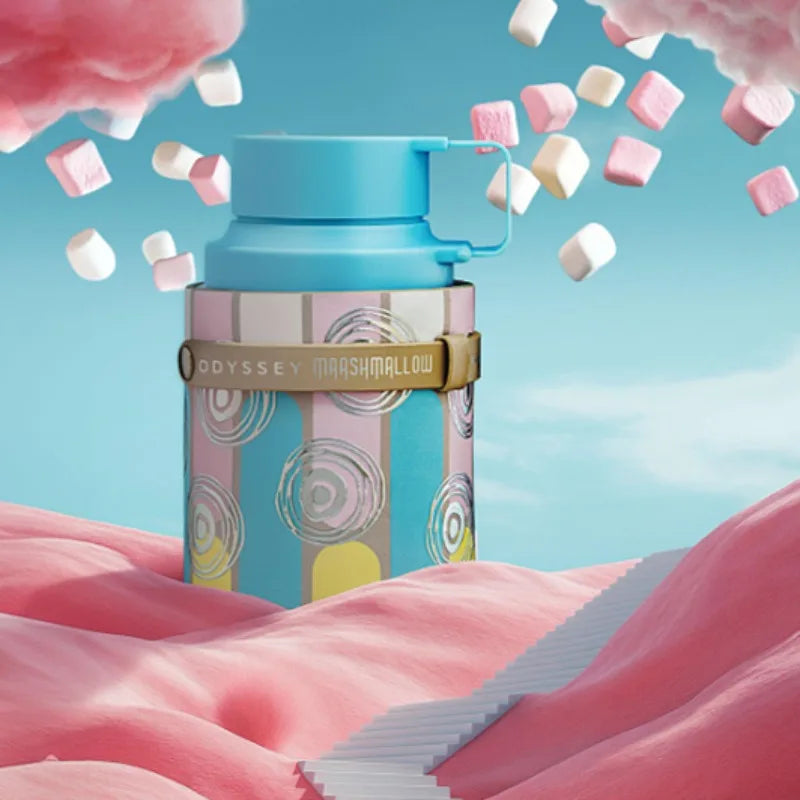 Armaf Odyssey Marshmallow Unisex EDP: A cylindrical bottle with marshmallow notes, playful striped design, and cap.