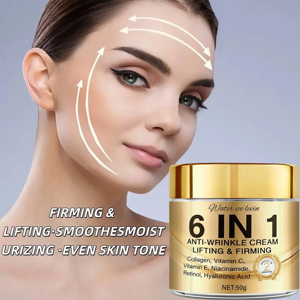 6-In-1 Anti-Wrinkle Cream. Lifts Firms Smooths Moisturizes. Collagen Vitamin C E Niacinamide Retinol Hyaluronic Acid. 50g