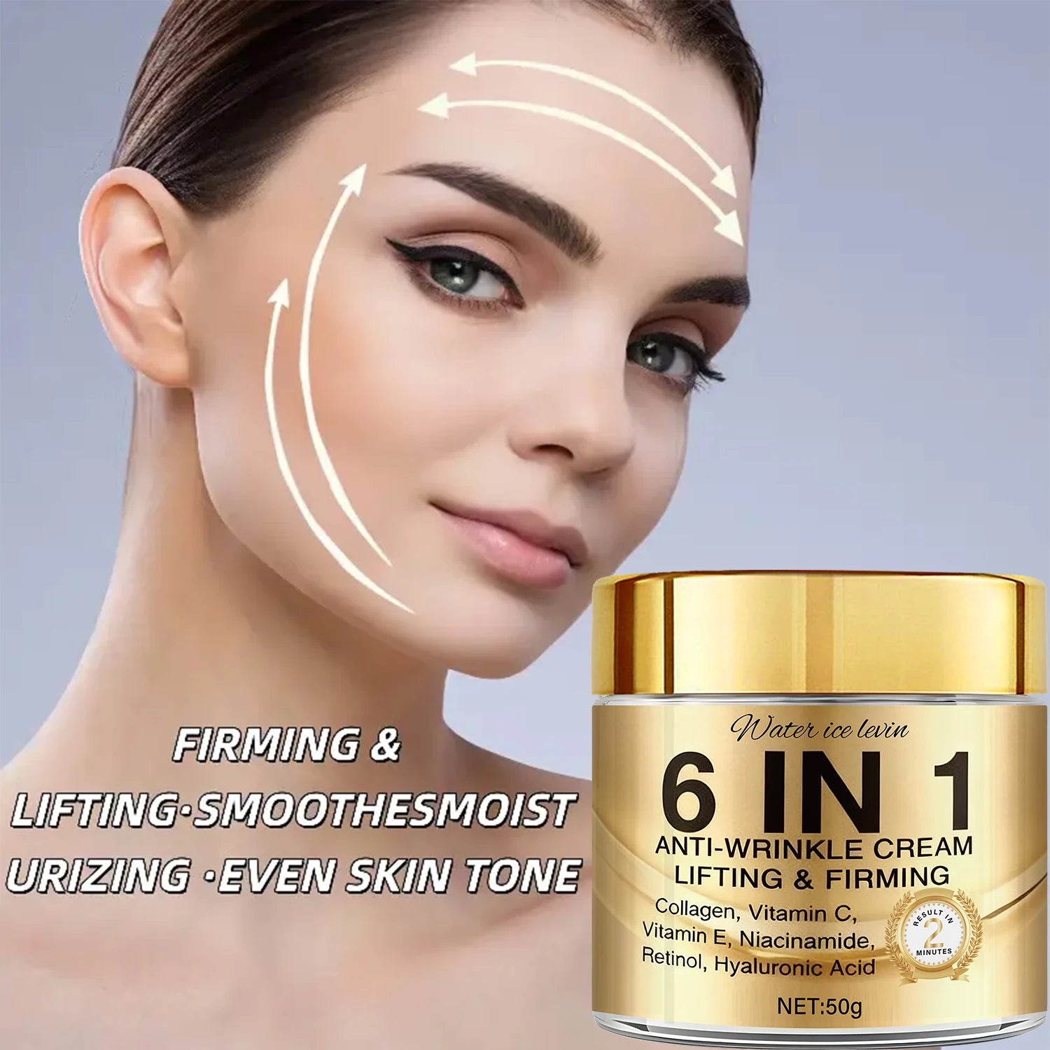 6-In-1 Anti-Wrinkle Cream. Lifts Firms Smooths Moisturizes. Collagen Vitamin C E Niacinamide Retinol Hyaluronic Acid. 50g