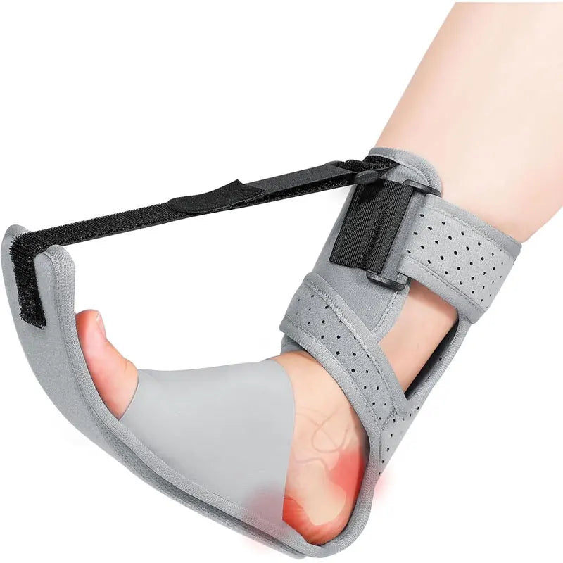 Grey plantar fasciitis night splint with adjustable straps for heel spur and Achilles tendonitis pain relief.