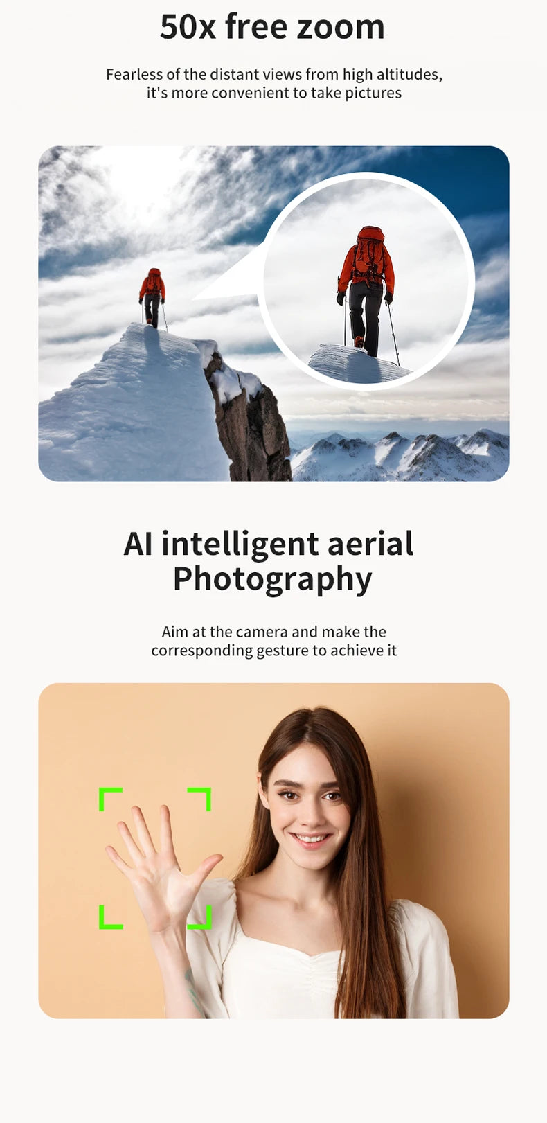 Drone camera features 50x zoom for landscape photography and AI gesture recognition for hands-free photo control.
