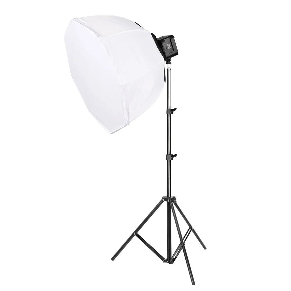 Octagonal white fabric softbox on a black metal tripod stand for studio photography lighting.