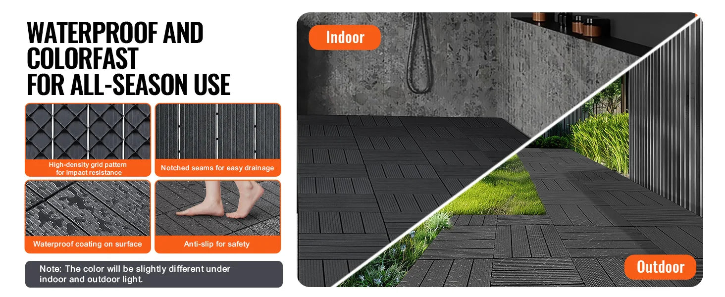 SucceBuy  Interlocking Deck Tiles Plastic Waterproof Outdoor Flooring All Weather Use Patio Floor for Porch Poolside Dark Grey