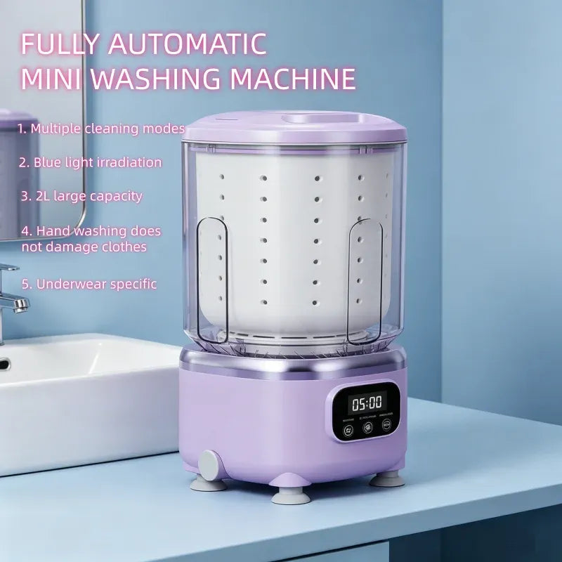 Mini washing machine in purple and white, featuring a digital display, designed for underwear on a bathroom counter.