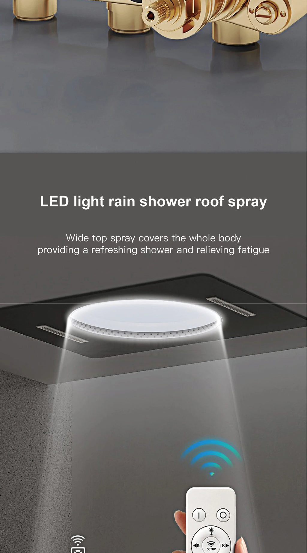 Gunmetal Gray Ceiling Mounted 4-Function Waterfall Shower System with Embedded Brass Thermostatic LED Display Body for Bathroom