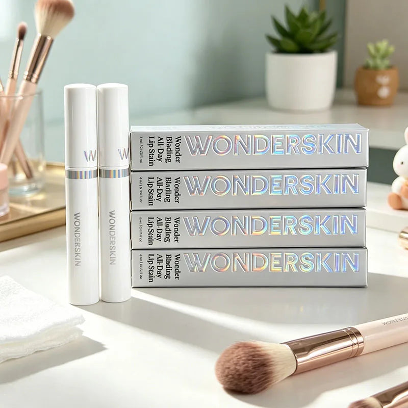 Wonderskin waterproof peel-off lip stain tubes and holographic boxes, long-lasting pink lip makeup on a vanity desk.