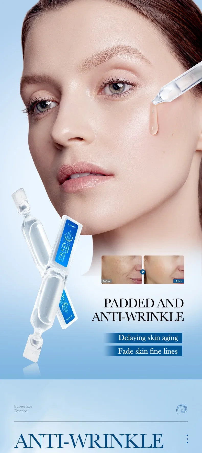 A woman applying clear serum from a single-use vial to her cheek, featuring a before-and-after skin comparison.