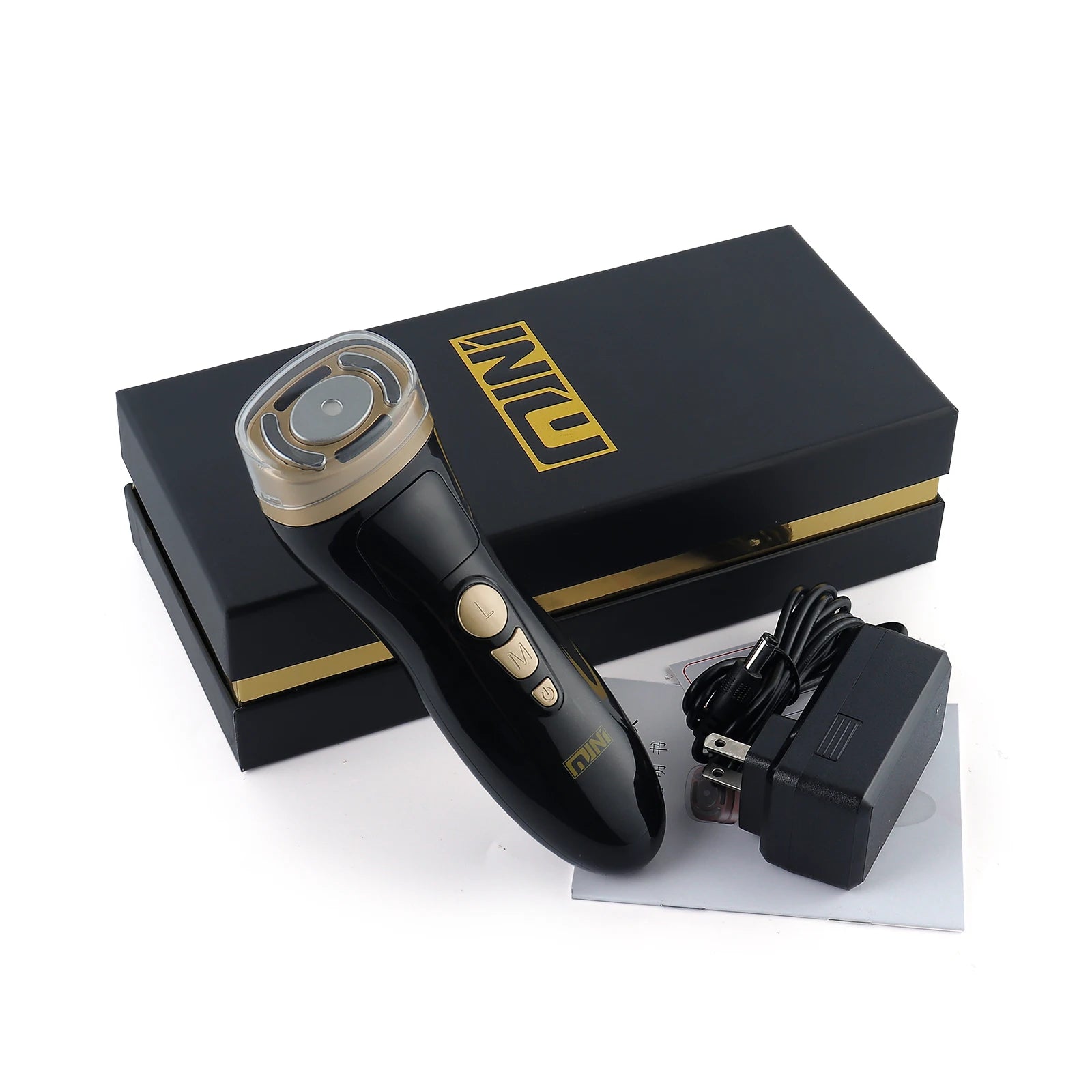 Black and gold handheld HIFU facial device with charging adapter, manual, and black branded storage box.