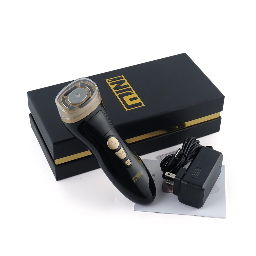 Black and gold handheld HIFU facial tightening device with charger, instruction manual, and branded gift box.