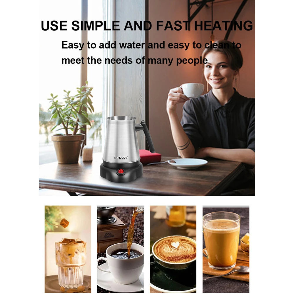 Sokany stainless steel electric milk frother and coffee heater on a black base for fast beverage preparation.