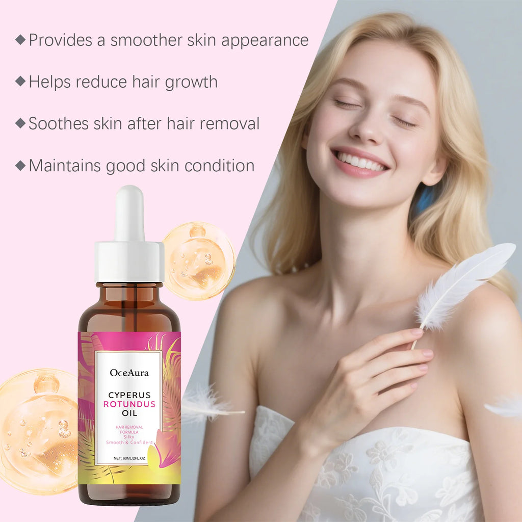 OceAura Cyperus Rotundus essential oil for underarm hair removal in an amber dropper bottle for smooth, nourished skin.