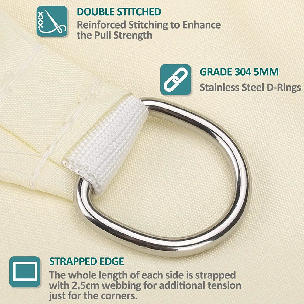 White shade sail edge webbing with stainless steel D-ring grommet for secure tying