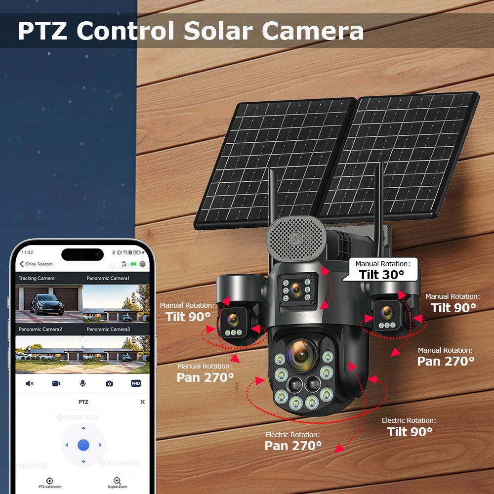 60X Optical Zoom Home Surveillance Solar Cameras 4G Security Protection Auto Track  24/7 Record 4 Screen/4 Lens CCTV PTZ Camera