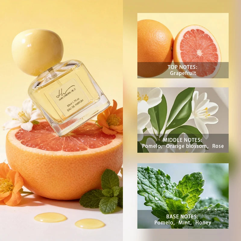Hope Christine 50ml eau de parfum in a square glass bottle with a yellow cap, set against grapefruit and mint.