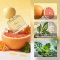 Hope Christine 50ml eau de parfum in a square glass bottle with a yellow cap, set against grapefruit and mint.