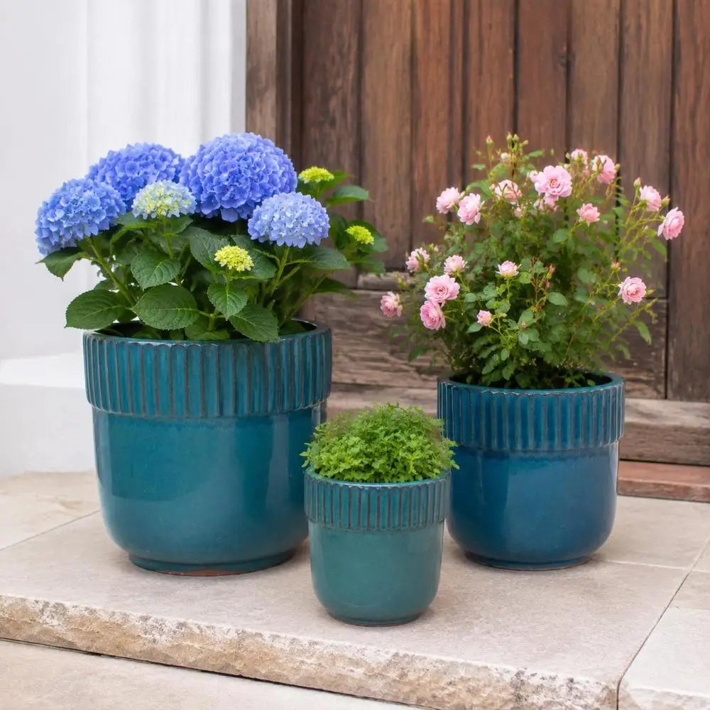 Handmade Ceramic Plant Pot Set Of 3, Glossy Turquoise Blue With Vertical Ribbed Rim, Breathable Design With Drainage Holes For Indoor Outdoor Garden Balcony