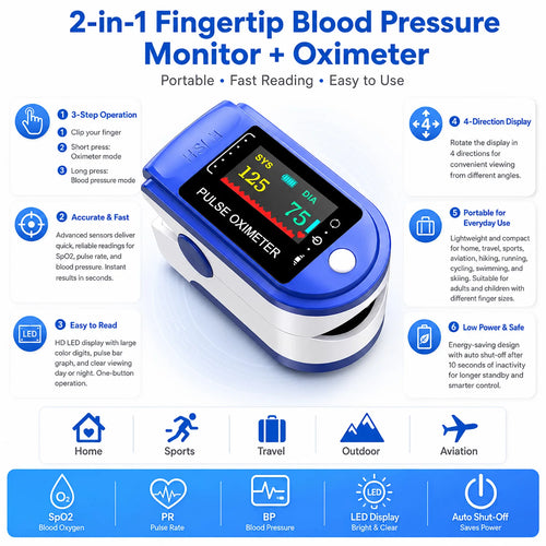 Blue fingertip blood pressure monitor and oximeter with a bright digital LED display for health tracking.