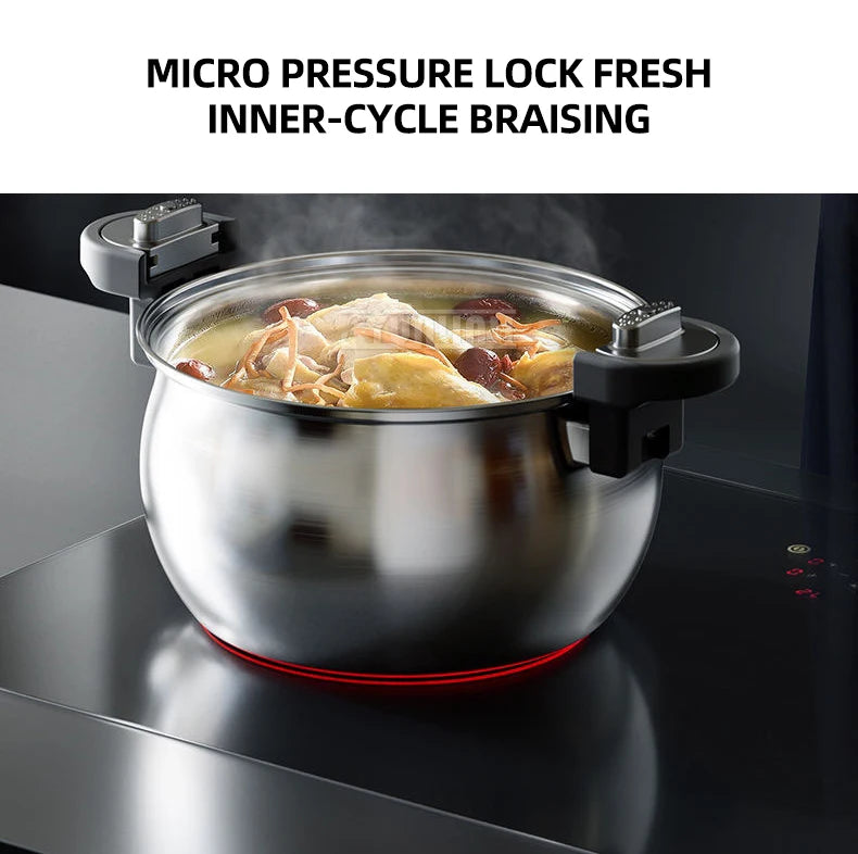 Stainless steel pressure cooker with domed lid, side handles, stew steaming inside