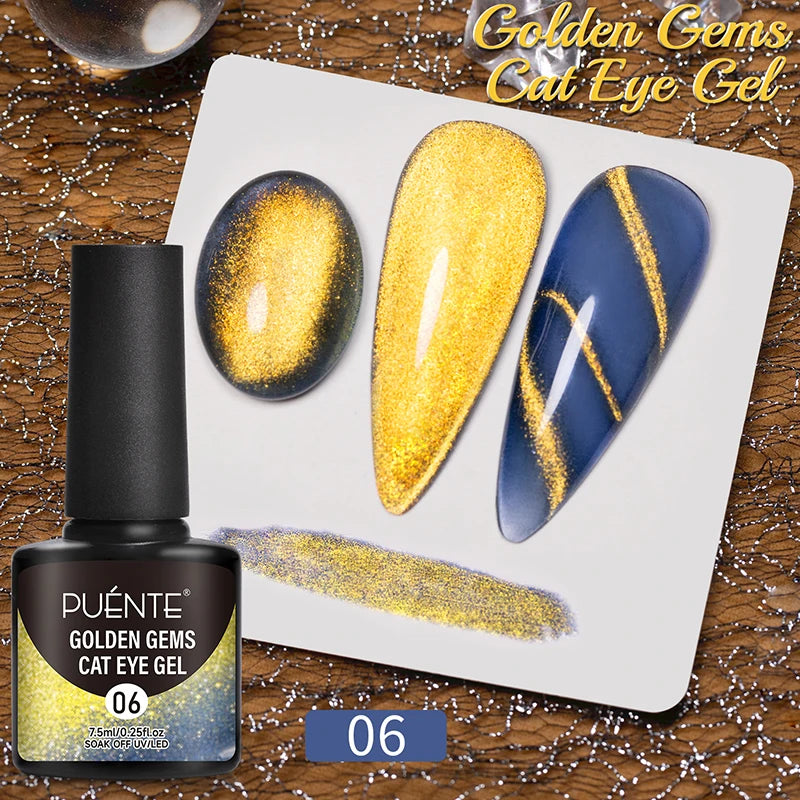Golden Gems cat eye gel nail polish in a 7.5ml bottle with gold glitter swatches on nail tips.