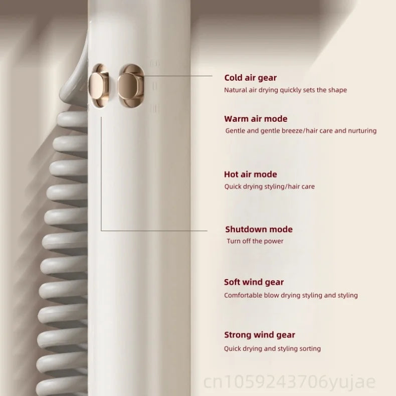 Cream wall-mounted hair dryer with gold controls, multi-mode heat settings, and coiled cord for hotel or home use.