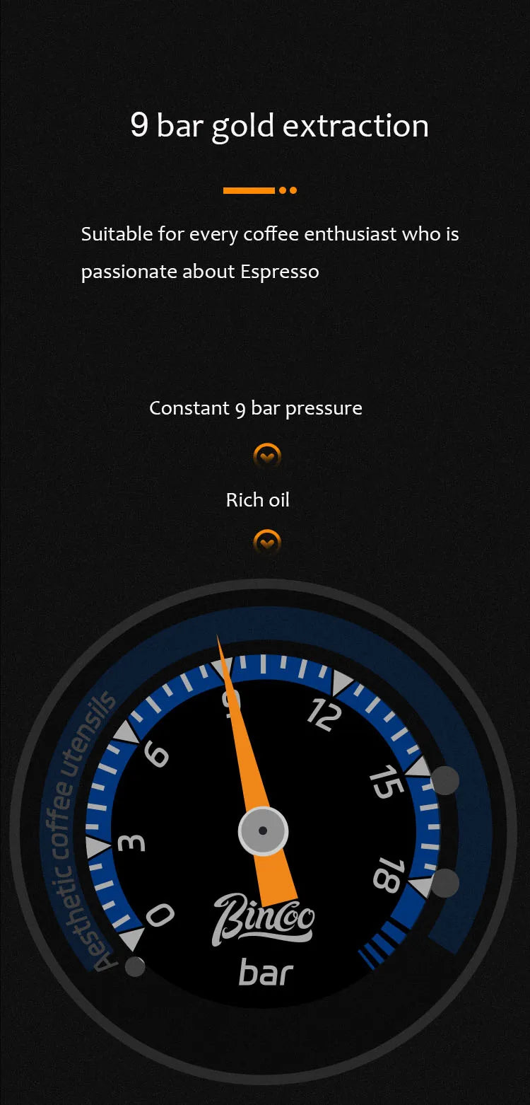 Binco espresso machine pressure gauge showing constant 9 bar extraction for rich coffee oil on black background.