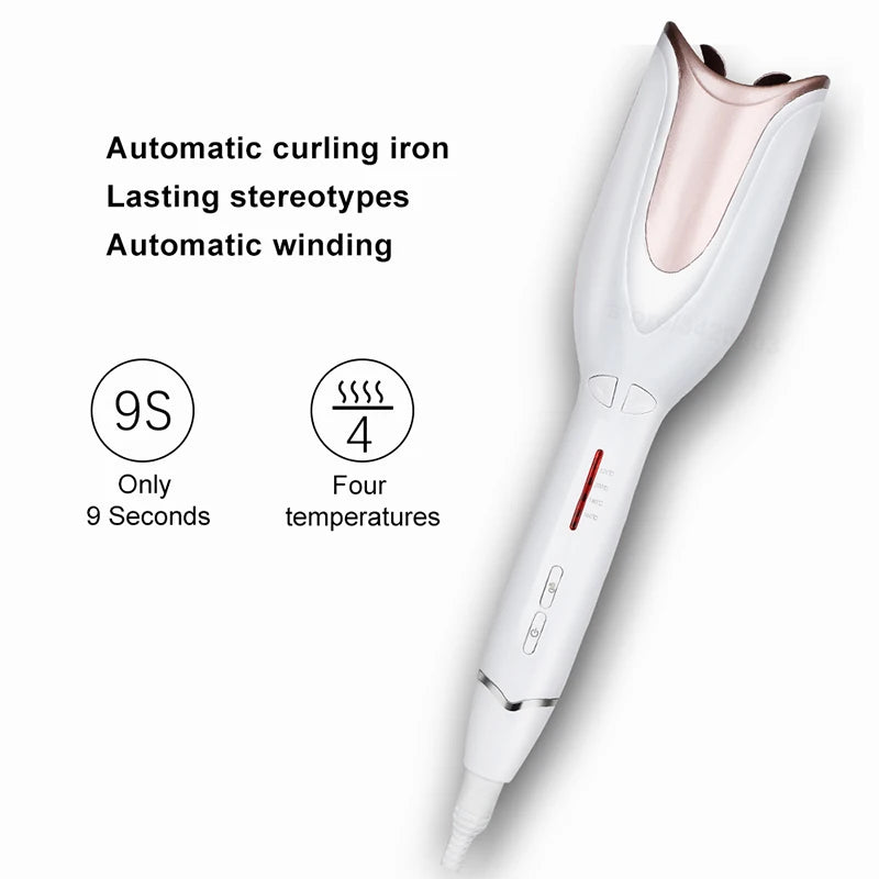 White and rose gold automatic hair curler with 4 temperature settings for fast 9-second styling.