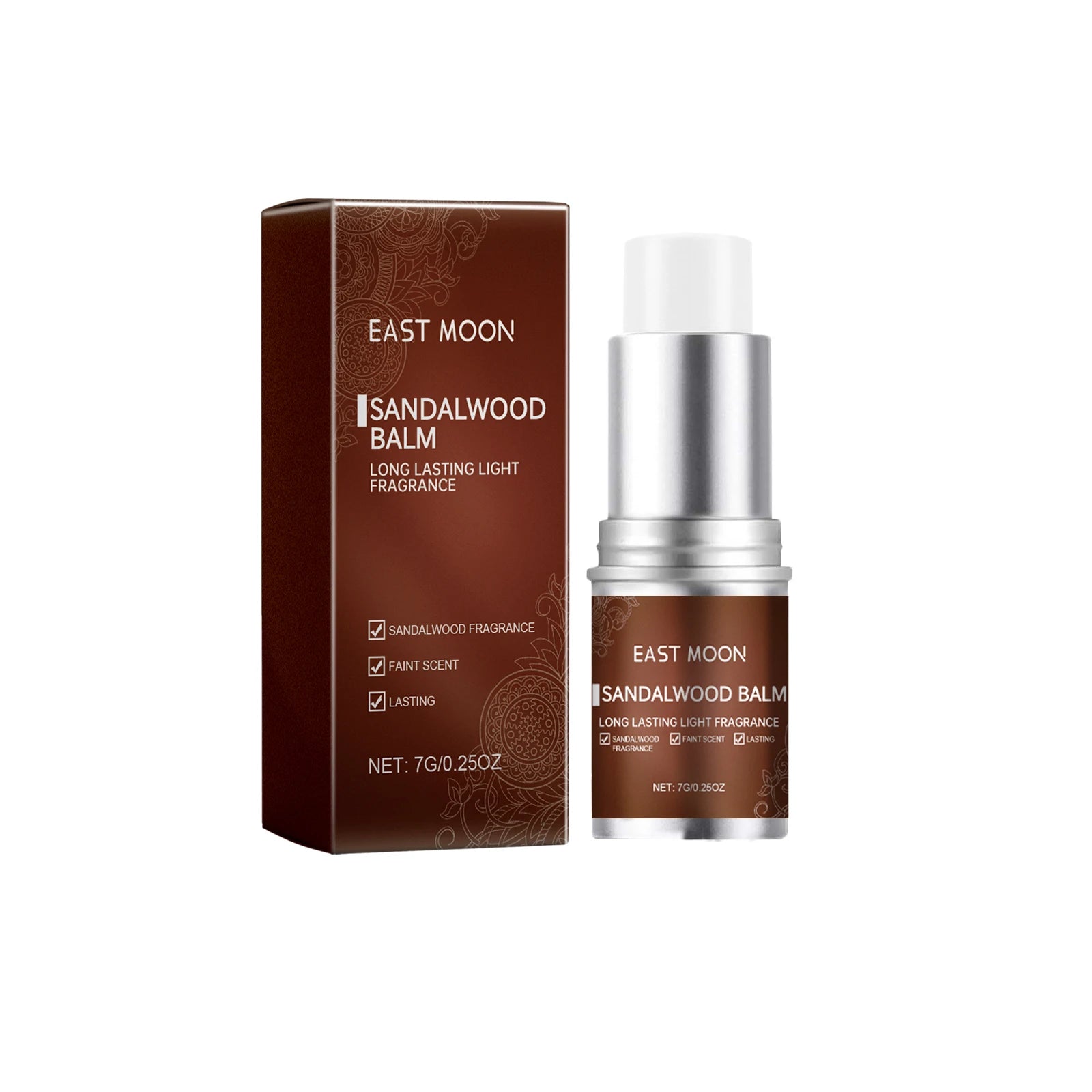 East Moon sandalwood solid cologne stick for men. Portable, long-lasting woody fragrance balm in a twist-up tube.