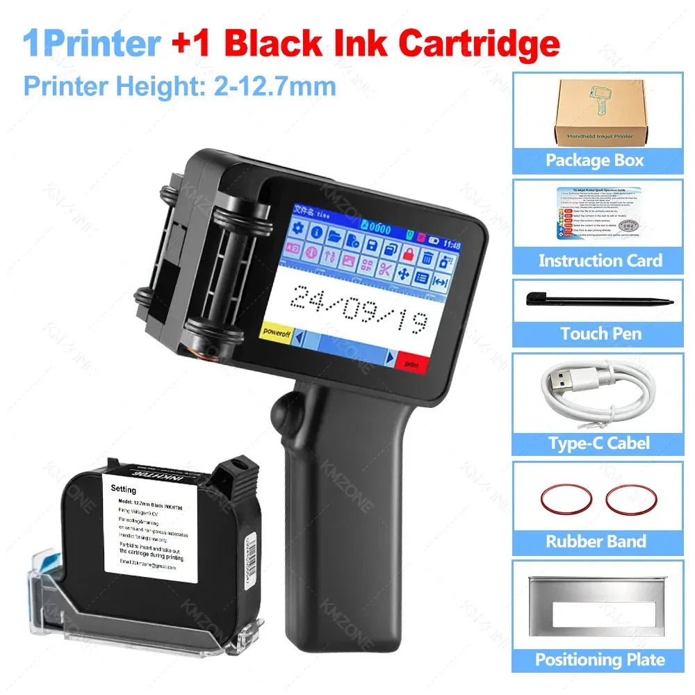 Handheld inkjet printer with 1 black ink cartridge accessory and screen showing printed date