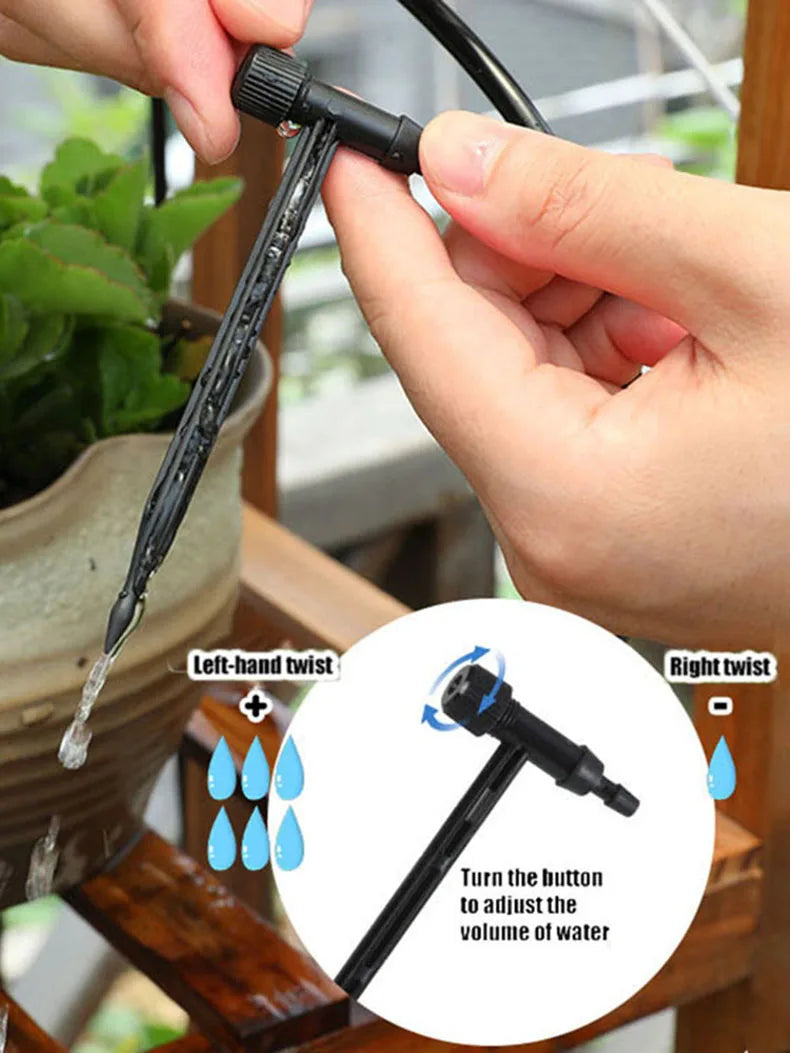 Hands adjust a black drip valve micro dripper with left/right twist water control