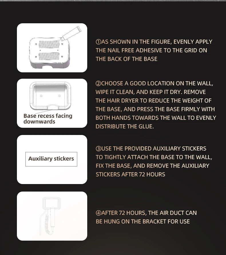 Step-by-step installation guide for wall-mounted 1300W negative ion hair dryer using adhesive, no drilling required.
