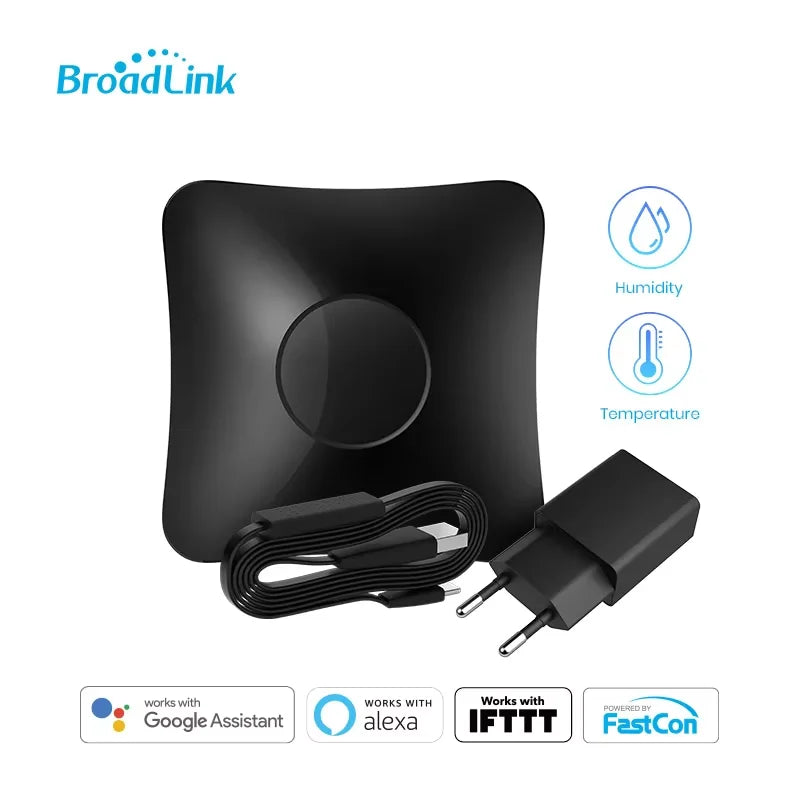 BroadLink universal smart remote hub with humidity and temperature icons, cable and adapter