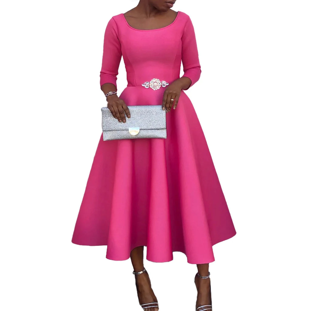 Elegant Pure Color Maxi Dress Evening Gown A- Line Skirt Polyester Fabric round Neck Short Sleeve High Waist Midi Dress