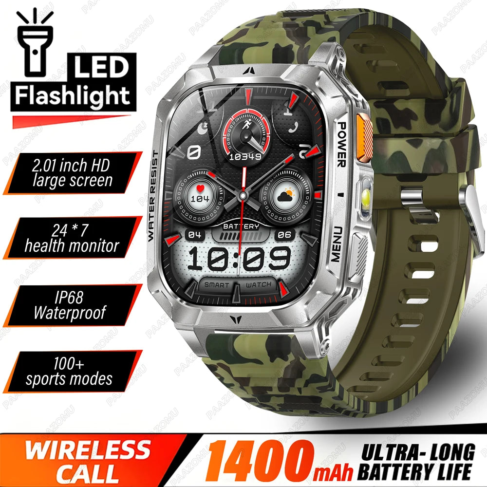 2026 New 1400mAh Big Battery Smart Watch Men Outdoor GPS Flashlight 10ATM Waterproof Bluetooth Call AMOLED HD Sports Smartwatch