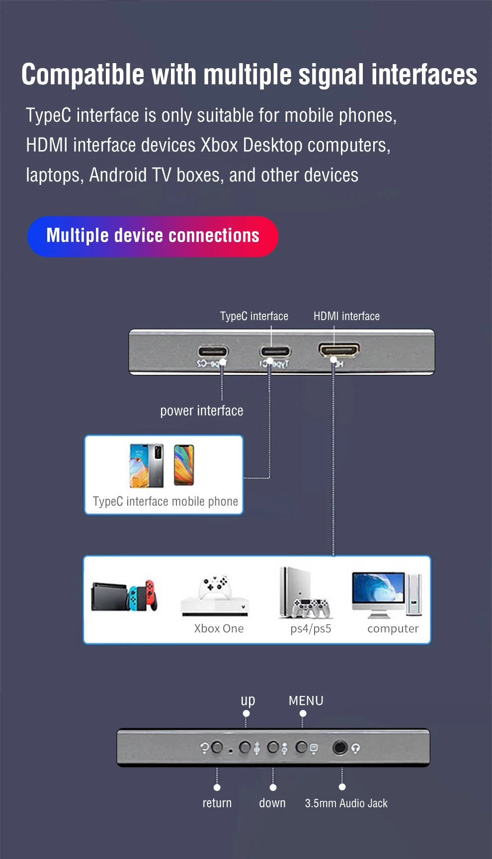 11.6/14/16/18.5 Inch Wireless Projection Monitor Automatic rotation Portable Display for Laptop, Mac and Phone WiFi Projection