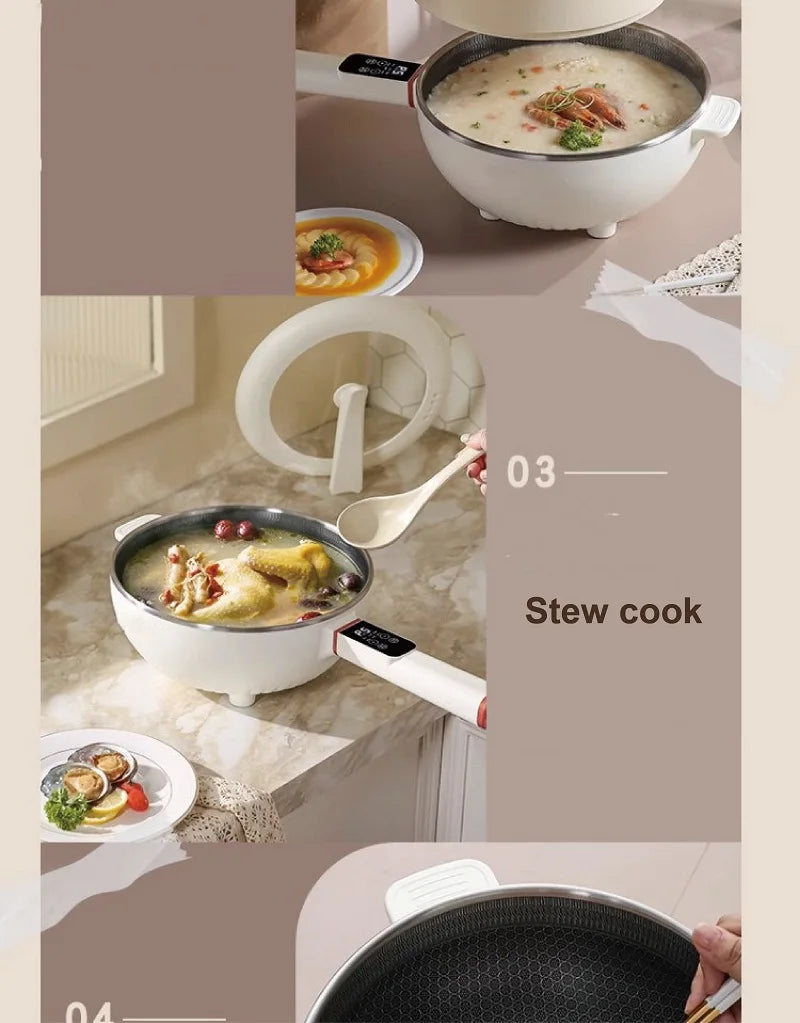 Electric cooking pot on kitchen counter, pouring liquid for stew and showing accessories