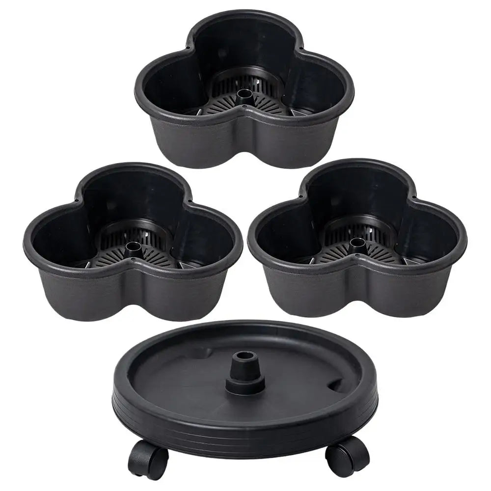 Three dark flower-shaped planter cups and round lid with center outlet and feet