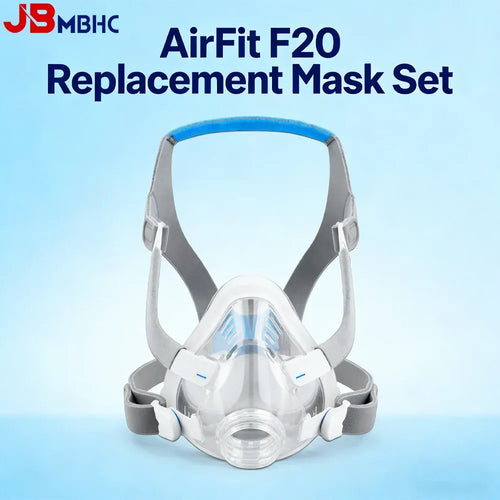 AirFit F20 CPAP mask set with grey straps and clear silicone cushion for sleep apnea therapy.