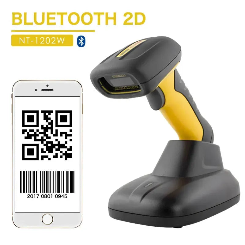 Handheld 2D Bluetooth barcode scanner with black and yellow grip on base
