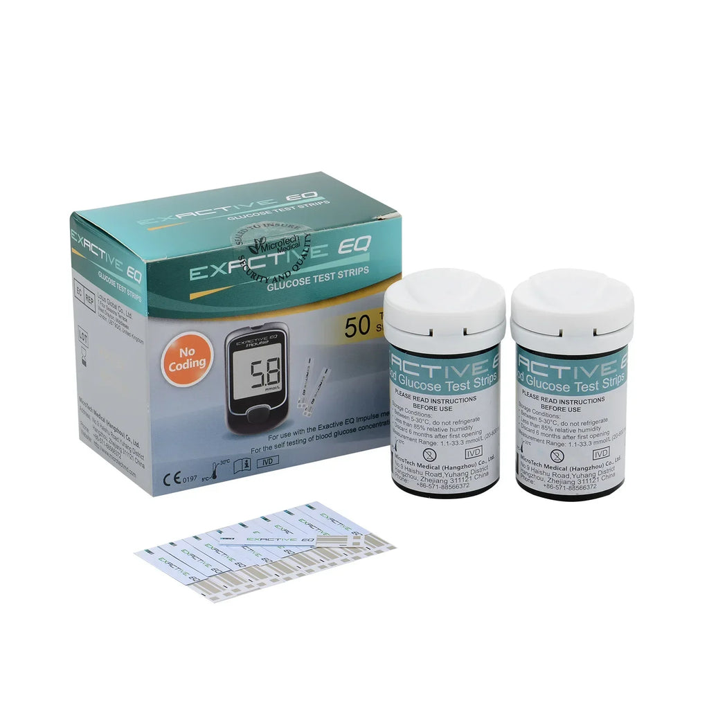 EXACTIVE EQ Impulse blood glucose meter kit with 50 test strips in bottles and individual test paper for home use.