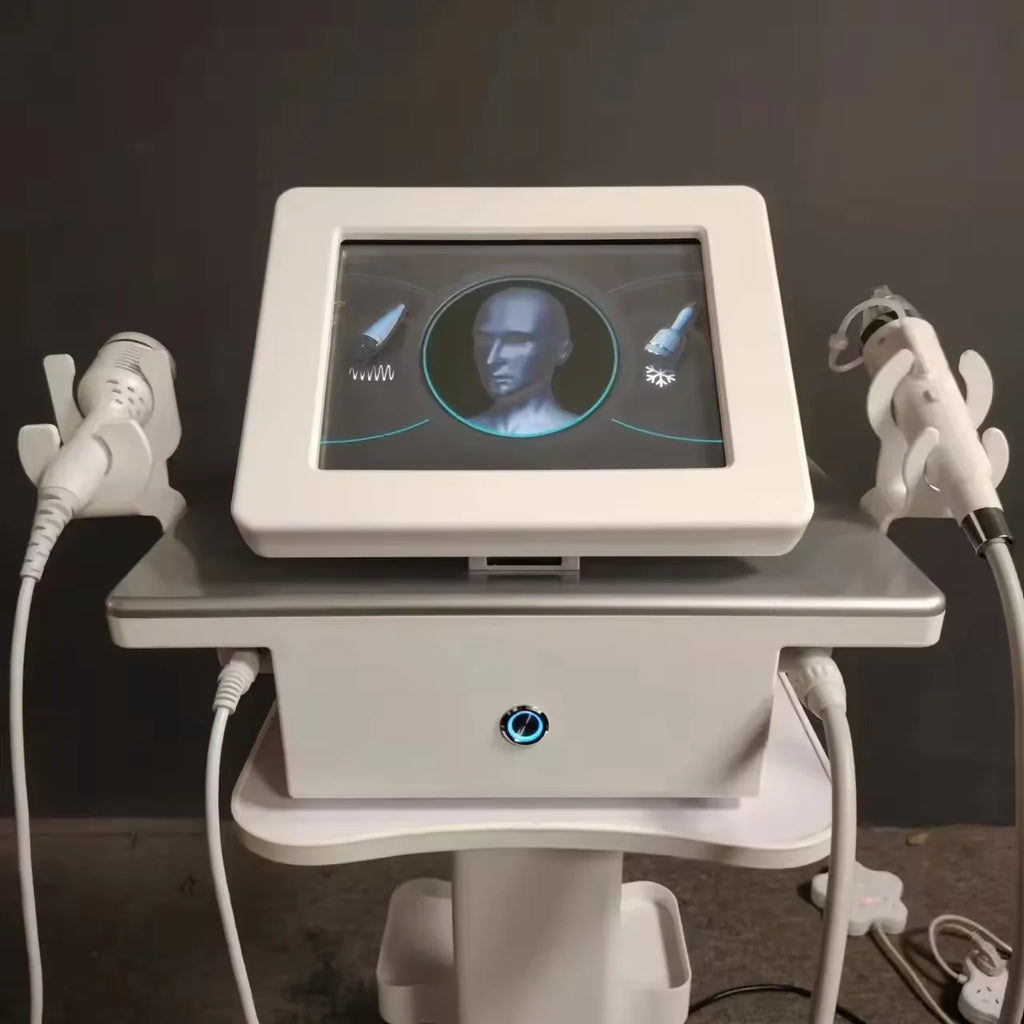 White portable fractional RF skin tightening machine with touchscreen interface and two treatment handpieces.