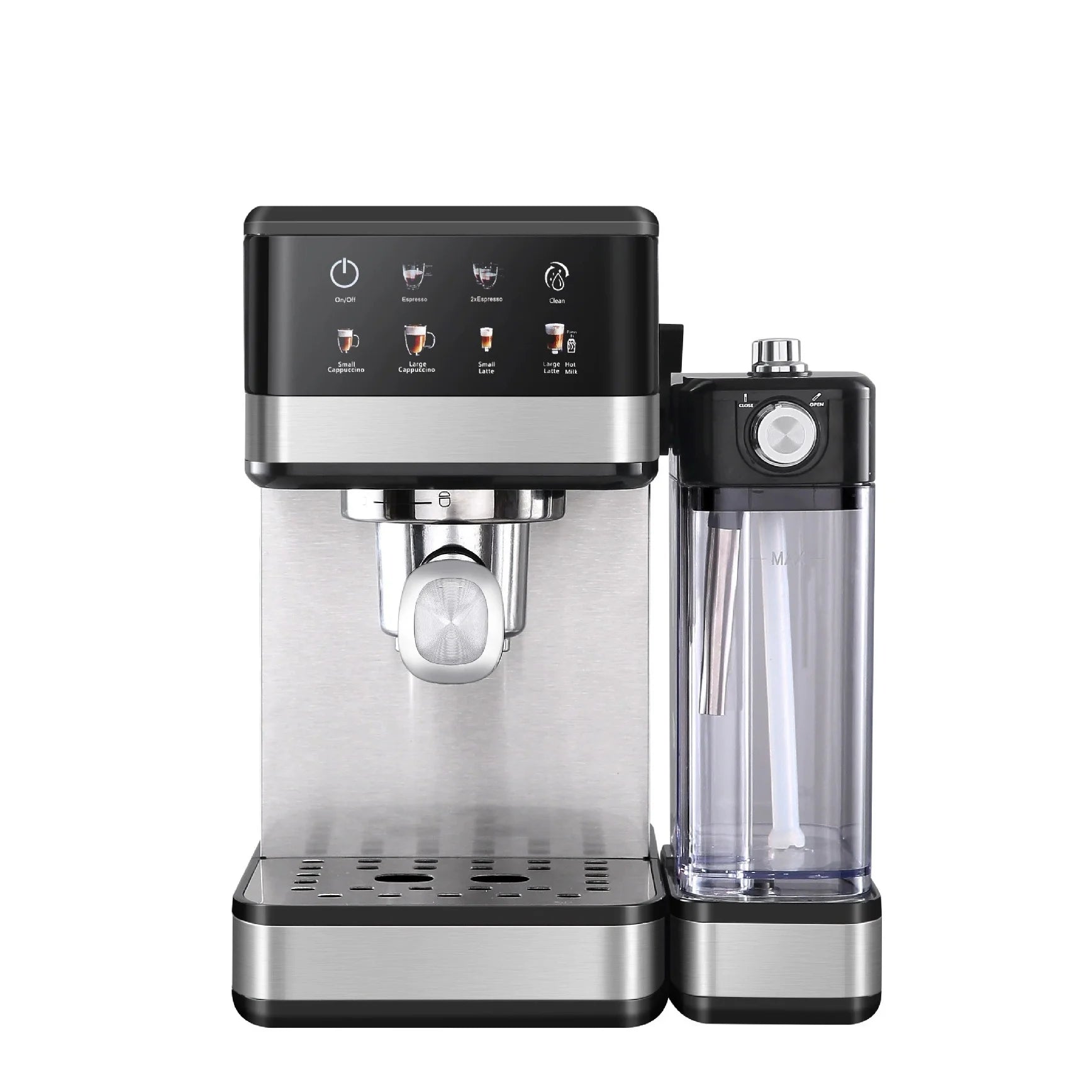 Stainless steel espresso machine with milk frother and touch screen interface on white background.