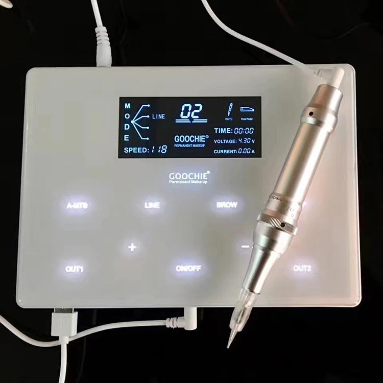 White digital permanent makeup machine with a silver handheld pen, LCD screen, and touch-sensitive control buttons.