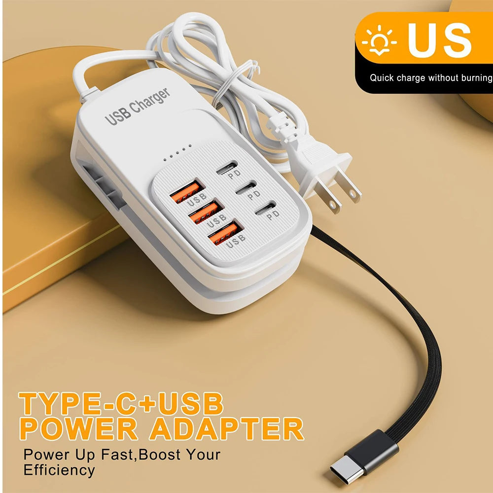 White USB desktop charging station with Type-C and USB-C+USB ports, plug adapter included