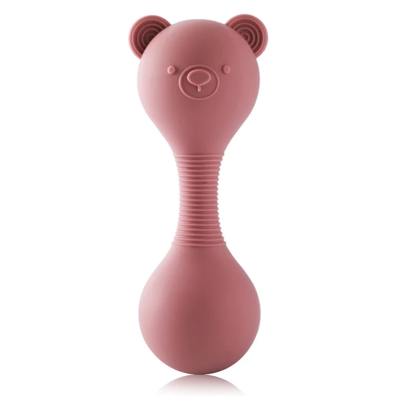 Dusty rose silicone bear teething toy for baby teething relief.